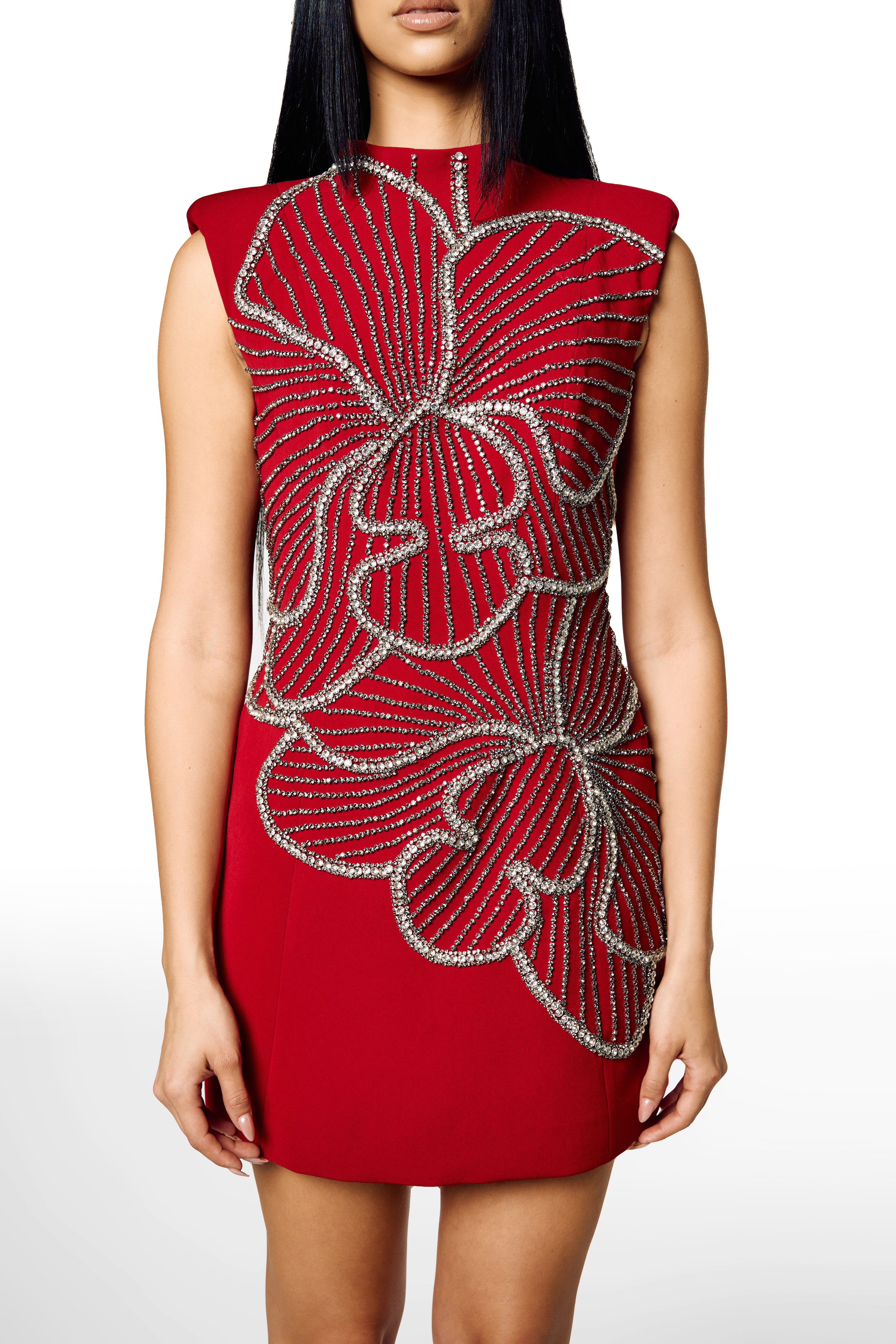 ORCHID PATTERNED BODYCON FULL  RED DRESS