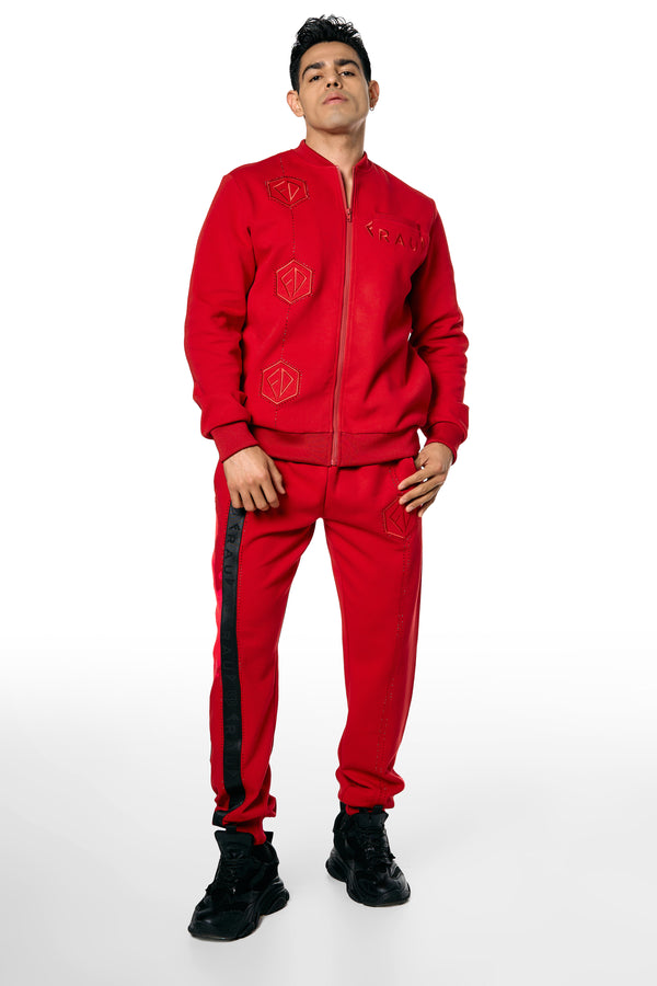 Red Crystal Embellishment Zip-Up Sweatshirt With Pants