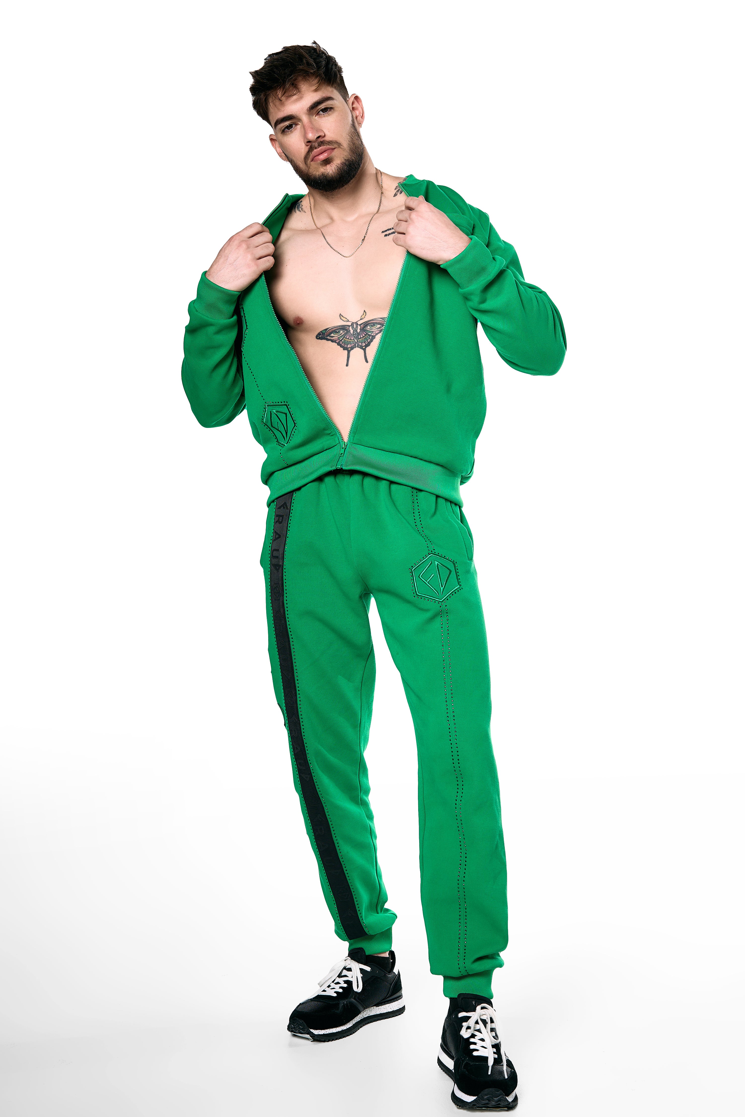 Men's Tracksuit with Crystals , Reflective Trim in Kelly Green with pants