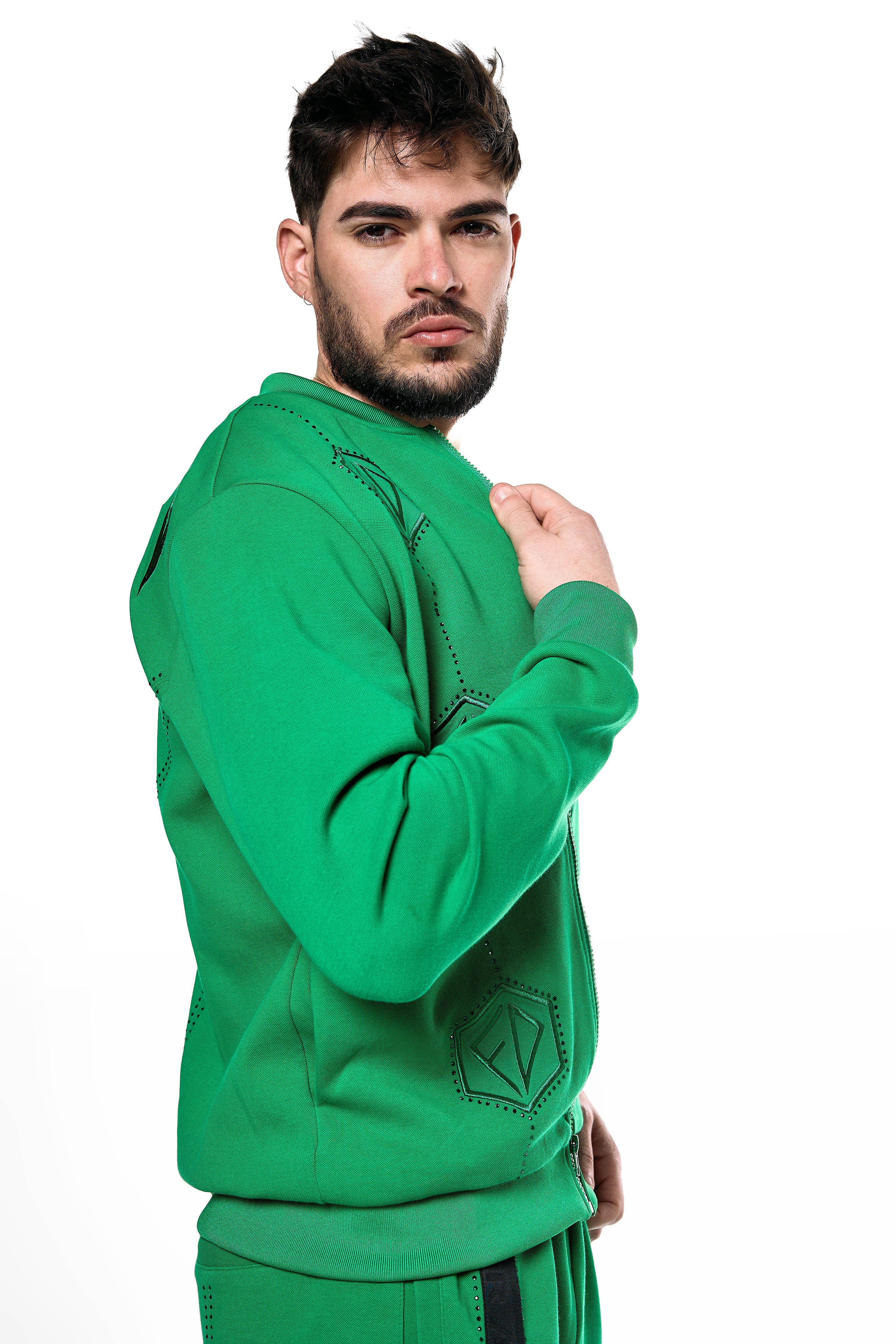 Men's Tracksuit with Crystals , Reflective Trim in Kelly Green with pants