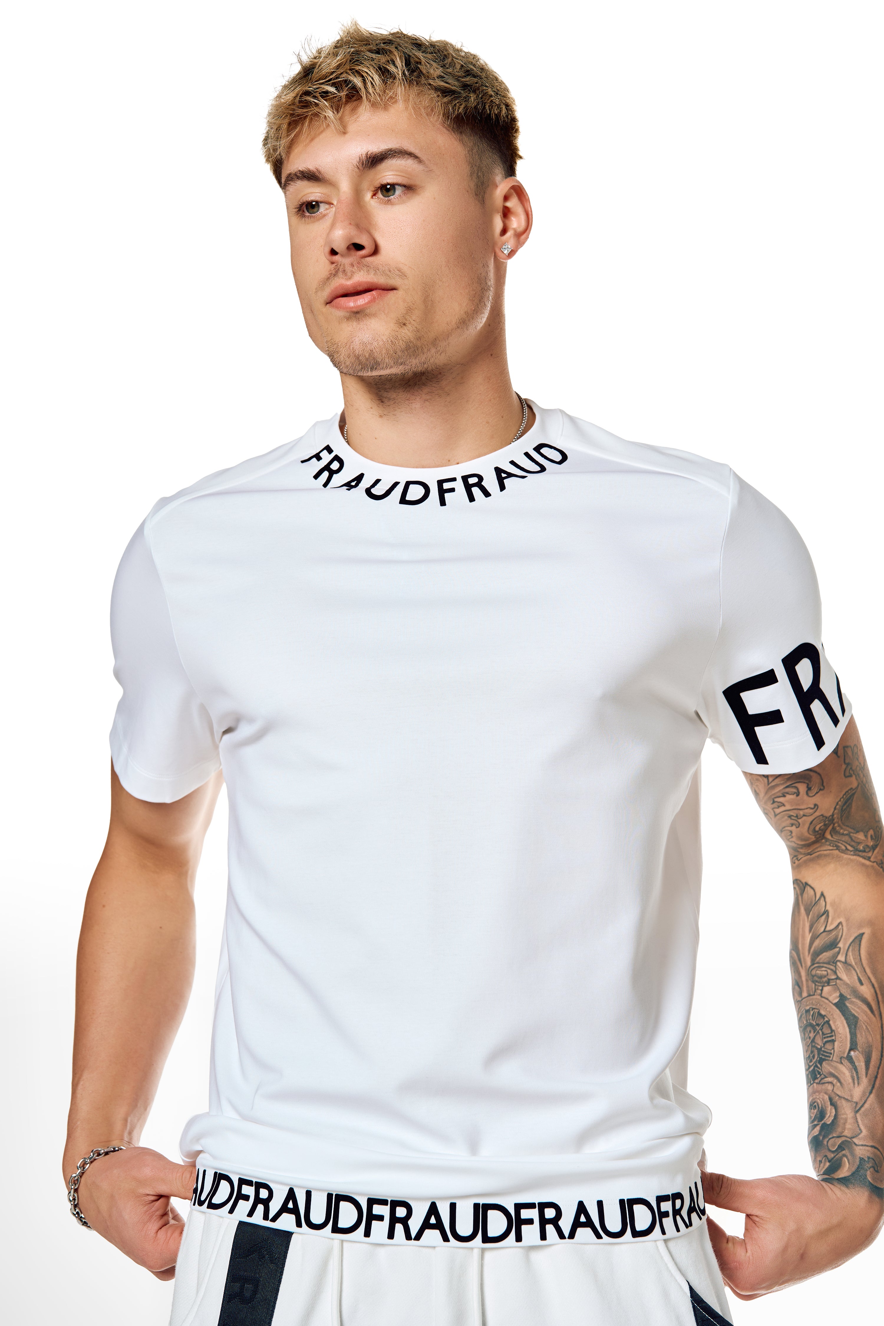 white t-shirt with printing on collar
