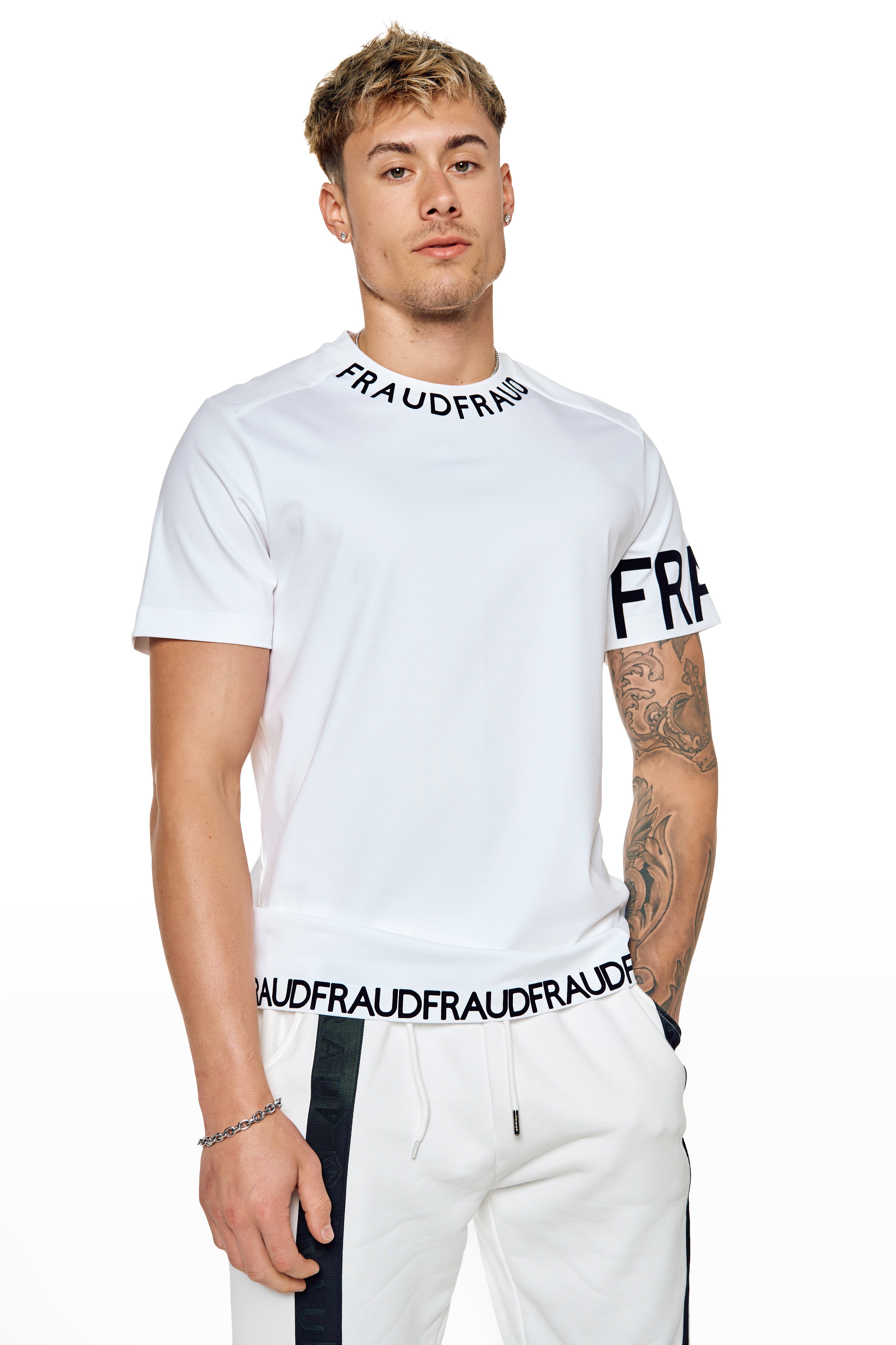 white t-shirt with printing on collar