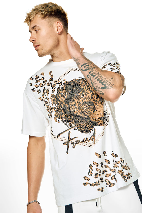 crystal tiger print short sleeves white t-shirt