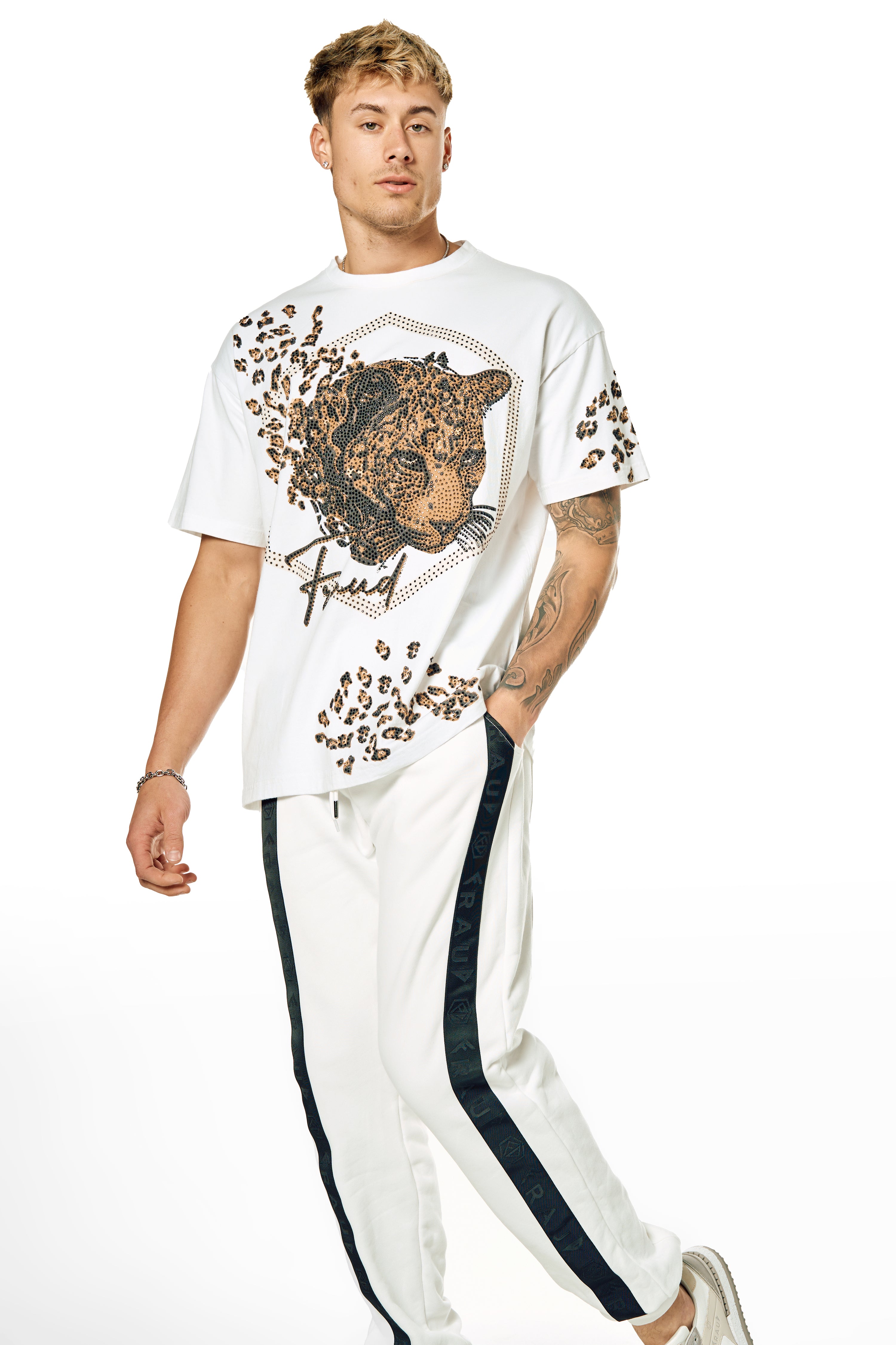 crystal tiger print short sleeves white t-shirt