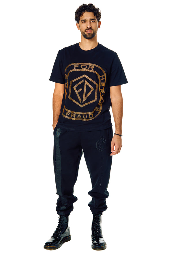 black t-shirt with gold rhynstones