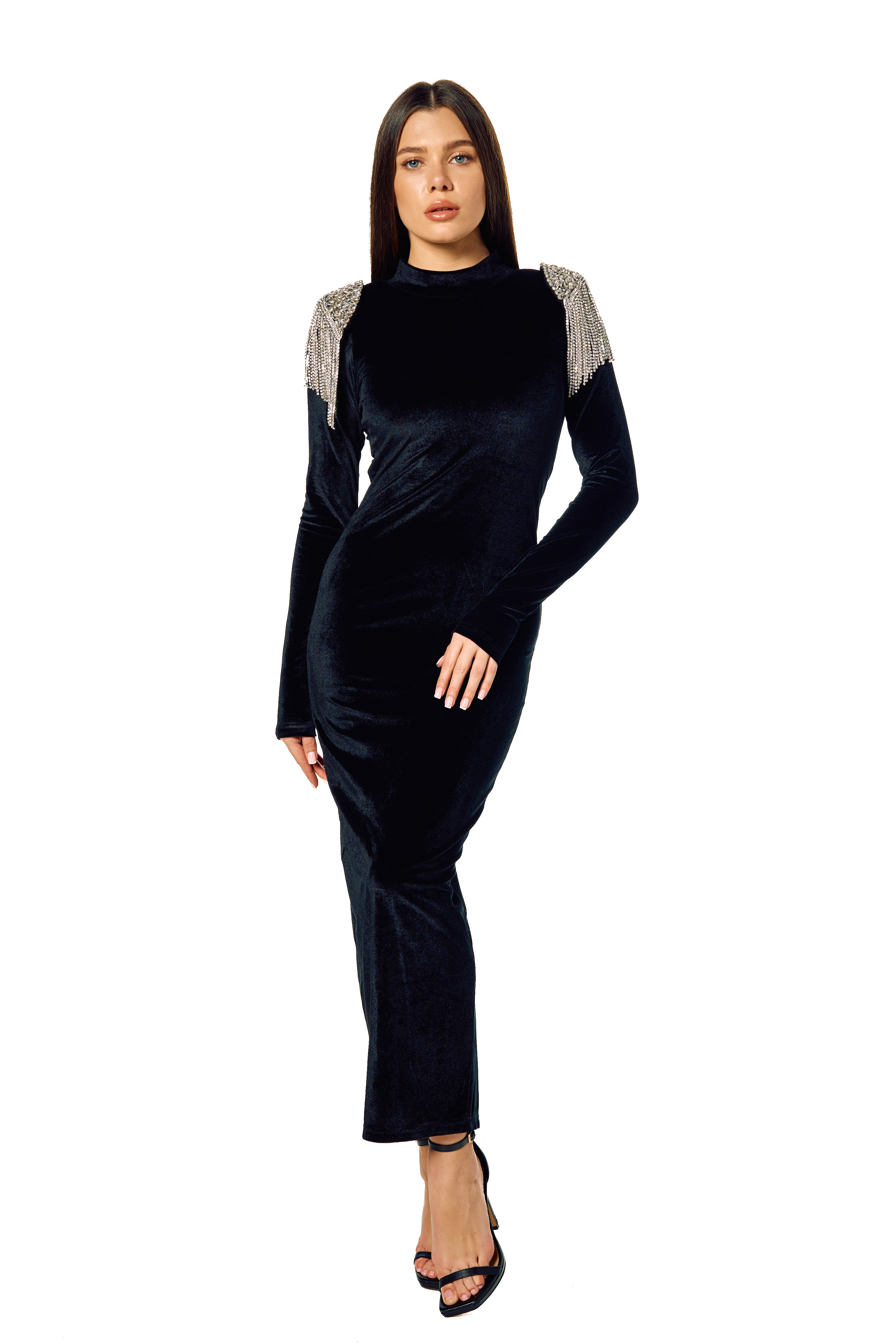 Sparkly Rhinestone Fringe Shoulder Pad Velvet maxi Dress - Black