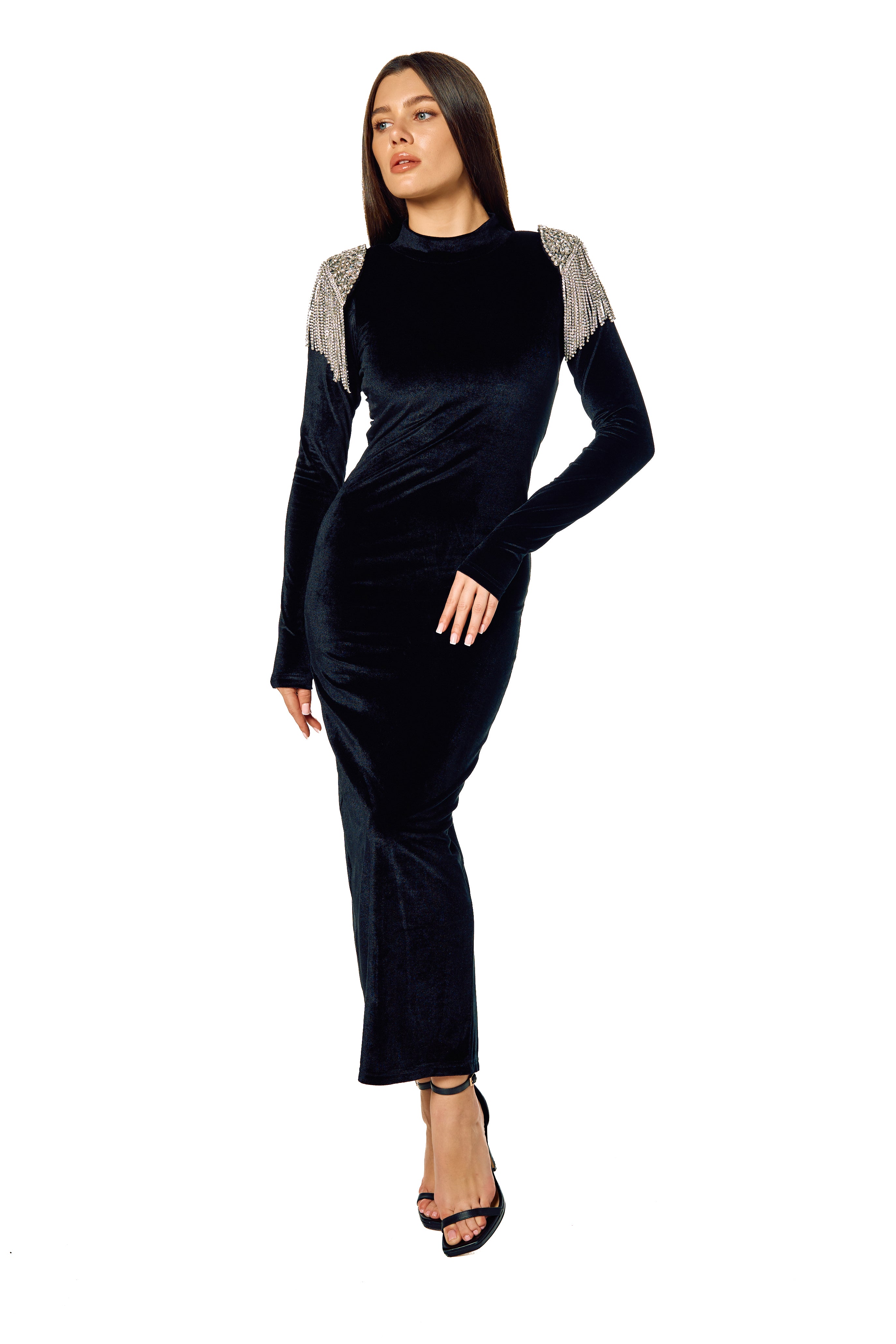 Sparkly Rhinestone Fringe Shoulder Pad Velvet maxi Dress - Black