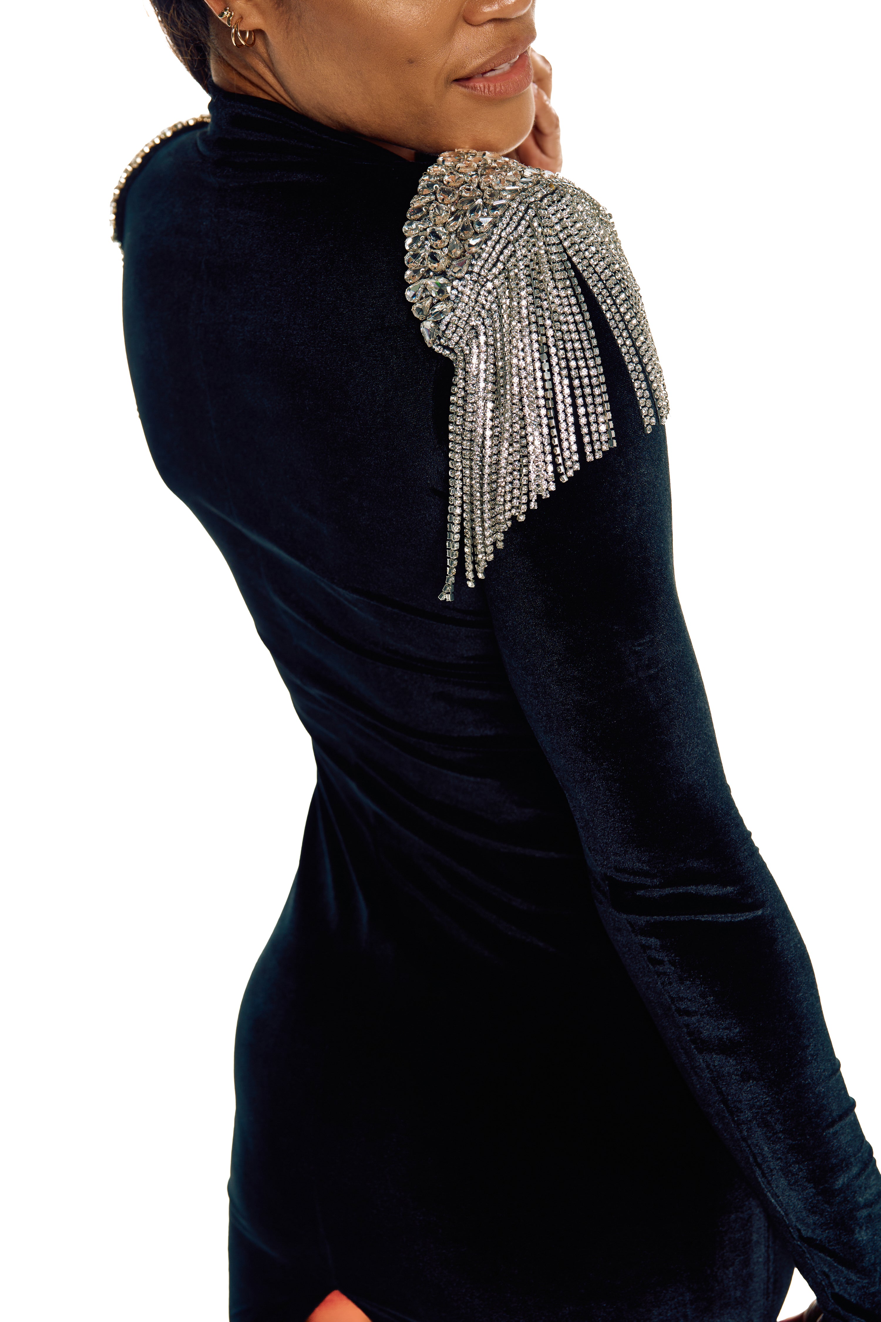 black velvet short dress with crystal swinging pads