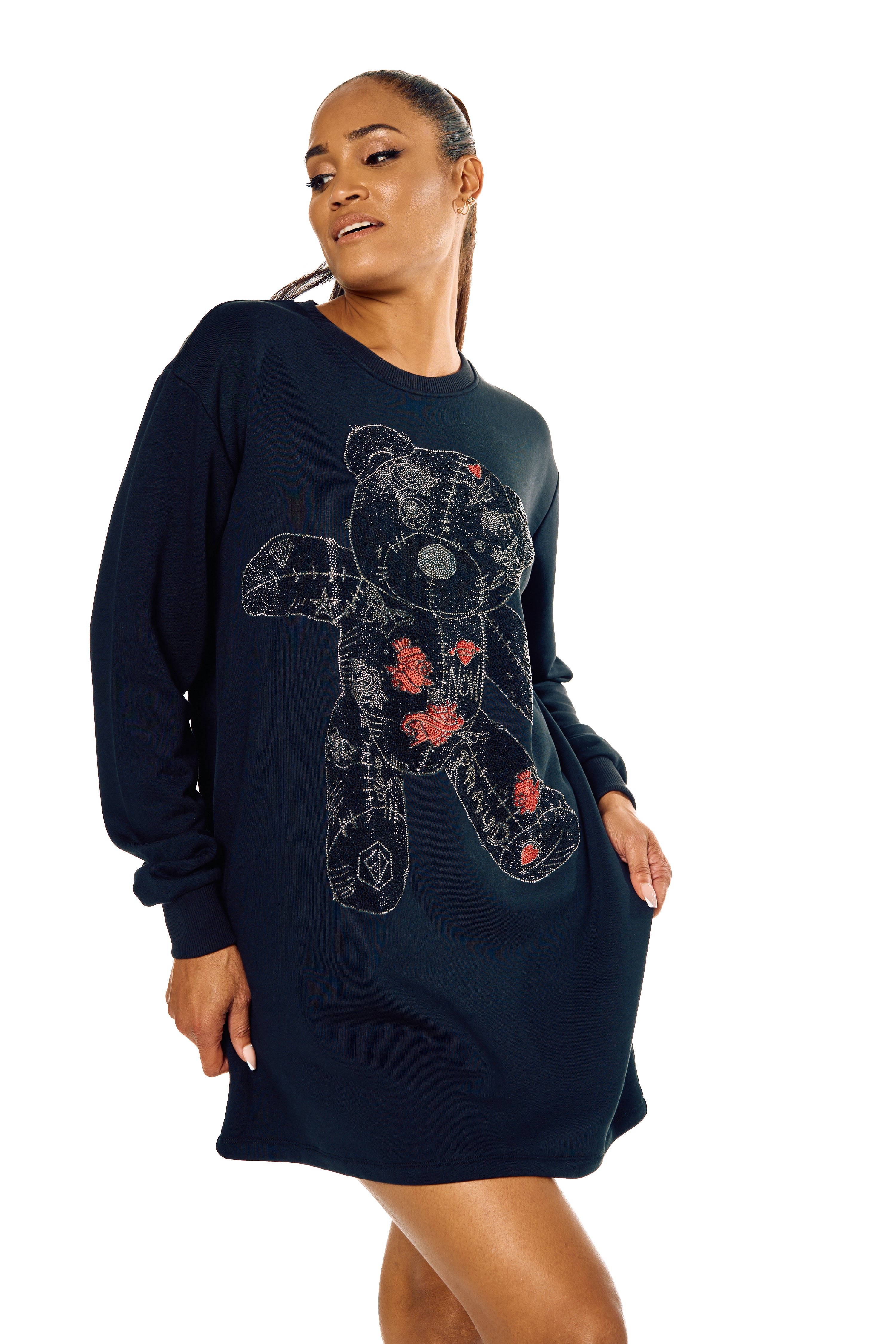 black oversize dress with crystals bear in front