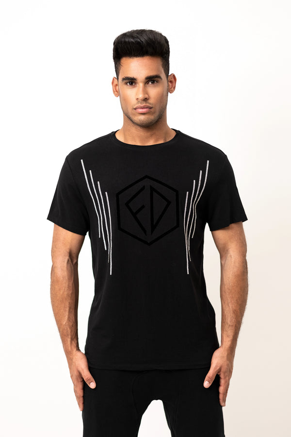 black t-shirt with Crystal lines